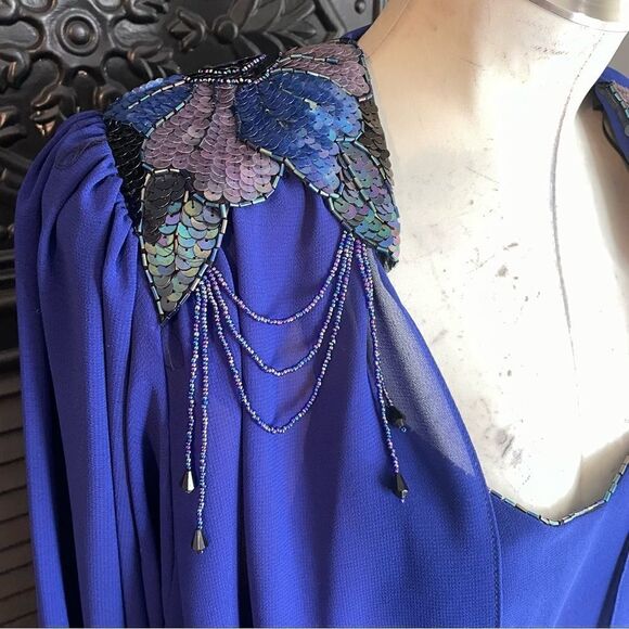Vtg 80s Blue Draped‎ DECO Beaded FLAPPER Dynasty Party Gatsby Cocktail Dress 14 - Picture 4 of 8